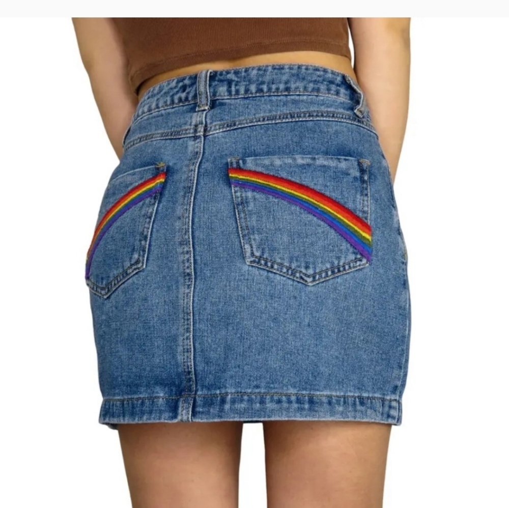 Forever 21 Denim Mini Skirt, Size Small, Rainbow Pocket Pride LGBTQ